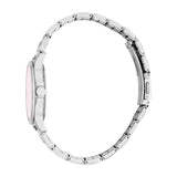 Silver-toned watch with a round case, pink dial, and a silver-toned link bracelet with a visible clasp.