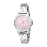 Esprit women's watch with a silver-toned metal link bracelet and a light pink sunray dial with crystal hour markers.