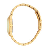 Gold-toned women's watch with a round case, light dial, and a gold-toned rectangular link bracelet with a fold-over clasp.