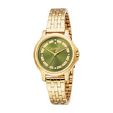 Esprit women's watch with a gold-toned link bracelet and a round green dial featuring crystal hour markers.