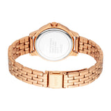 Rose gold-toned watch with a metal link bracelet. Silver-toned stainless steel back with text. Clasp engraved with 'ESPRIT'.