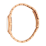 A rose gold-toned women's watch with a round case, light-colored dial, and a link bracelet with a fold-over clasp.