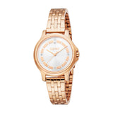 Rose gold-toned Esprit women's watch with a round white dial, crystal hour markers, and a link bracelet.