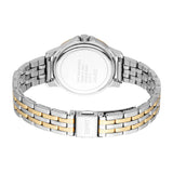 Back view of a silver-toned watch with a two-tone metal link bracelet, featuring alternating silver-toned and gold-toned link