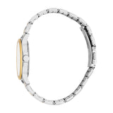 Silver-toned watch with a gold-toned bezel, white face, and a two-toned silver and gold-toned link bracelet with a visible cl