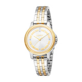 Esprit women's watch with a silver-toned case, gold-toned bezel, silver dial, and a two-tone silver and gold-toned metal link