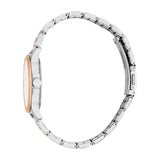 Round watch with white face, rose gold-toned bezel, silver-toned case, and silver-toned metal link bracelet with rose gold-to