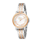 Esprit women's watch with a silver-toned and rose gold-toned link bracelet, round case, and mother-of-pearl dial with crystal