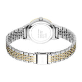 Women's watch with a silver-toned case and a two-tone silver-toned and gold-toned metal link bracelet with a fold-over clasp.