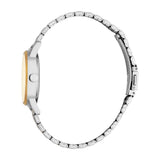 Silver-toned watch with a gold-toned bezel and dial, and a silver-toned metal link bracelet with a clasp.