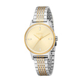 Esprit women's watch with a round silver-toned case, gold-toned bezel, gold-toned dial, and a two-tone silver and gold metal