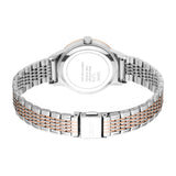 Silver-toned watch with a rose-gold-toned bezel and a two-toned silver and rose-gold-toned link bracelet, viewed from the bac