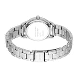 Silver-toned watch with a metal link bracelet. The round case back is white with text. The bracelet clasp has 'ESPRIT' engrav