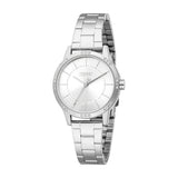 Silver-toned Esprit women's watch with a round case, silver dial, and crystal-embellished bezel on a link bracelet.