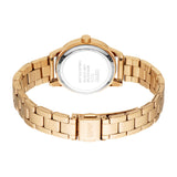 Gold-toned women's watch with a round case, metal link bracelet, and a silver-toned stainless steel back. Esprit logo on clas