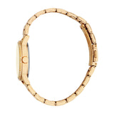 Rose gold-toned women's watch with a round case, crystal-embellished bezel, and a link bracelet with a fold-over clasp.
