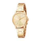 Gold-toned Esprit women's watch with a round dial, link bracelet, and crystal-set bezel.