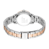 Women's watch, back view. Silver-toned case back. Two-tone link bracelet with silver-toned and rose-gold-toned links. Silver-