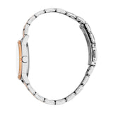 Two-toned silver and rose gold-toned watch with a white face, silver-toned case, and rose gold-toned bezel with clear stones.