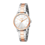 Esprit women's silver-toned and rose gold-toned metal watch with a silver dial, clear stone-set bezel, and link bracelet.