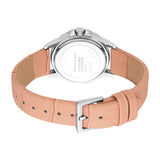 Silver-toned watch with a peach faux crocodile leather strap and silver-toned buckle. Stainless steel back with 'ESPRIT' and