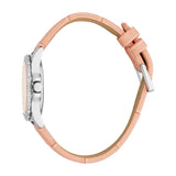 Women's watch with a silver-toned case, crystal-studded bezel, light pink dial, and a light pink textured leather-look strap