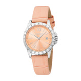 Esprit women's watch with a peach sunray dial, silver-toned case, and light pink crocodile-embossed leather-look strap.