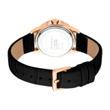 Women's watch, back view. Rose gold-toned case, stainless steel back. Black textured leather strap with rose gold-toned buckl