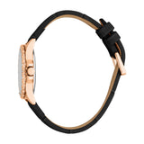 Rose-gold-toned watch with a crystal-studded bezel, light face, and black leather strap with a rose-gold-toned buckle.