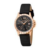 Black textured strap watch with a rose-gold-toned round case, black dial, and crystal-embellished bezel.