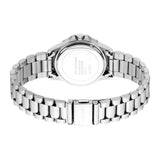 Silver-toned watch with a round case and a link bracelet. The case back has engraved text; the clasp is engraved 'ESPRIT'.