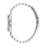 Silver-toned women's watch with a round case, clear stones on the bezel, white dial, and a metal bracelet with small oval lin