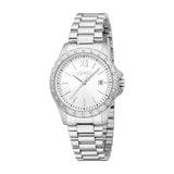 Silver-toned women's watch with a round case, silver dial, and a bezel embellished with clear stones. Features a multi-link b