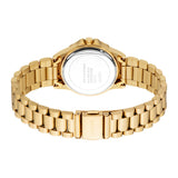 Gold-toned metal link watch with a round case, visible silver-toned stainless steel back, and a gold-toned fold-over clasp.