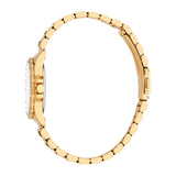 Gold-toned watch with a round case, clear stones on the bezel, a white dial, and a gold-toned metal link bracelet.