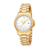 Gold-toned women's watch with a white dial, gold-toned hands, and a bezel embellished with clear stones.