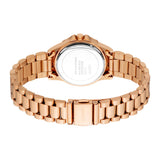 Rose gold-toned watch with a metal link bracelet and a branded clasp. The round case has two pushers and a crown. Stainless s