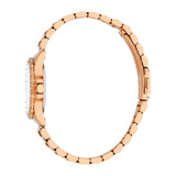 Rose gold-toned women's watch with a white dial, crystal-studded bezel, and a metal link bracelet with a fold-over clasp.