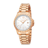 Rose gold-toned women's watch with a white dial, link bracelet, and crystal-embellished bezel.