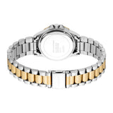 Back of a silver-toned watch with a two-toned metal link bracelet. Links are silver-toned on edges, gold-toned center. Silver