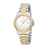 Silver and gold-toned Esprit women's watch with a white dial, gold-toned bezel embellished with crystals, and a two-tone meta