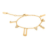 Gold-toned chain bracelet with 'JUST' letter charms and pavé-set triangular charms, featuring a lobster clasp.