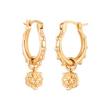 Pair of gold-toned hoop earrings with spherical embellishments and a dangling detailed tiger head charm.