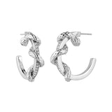 Pair of silver-toned Just Cavalli hoop earrings with intertwined snake design and clear crystal accents