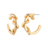 Pair of gold-toned Just Cavalli open hoop earrings with intertwined snake-like design, featuring textured scales and clear st