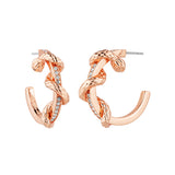 Pair of rose gold-toned C-shaped hoop earrings with an intertwined snake design, featuring textured scales and clear crystal