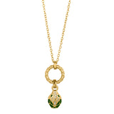 Gold-toned chain necklace with a braided ring and a green enamelled snake head pendant featuring clear pavé-set stones.