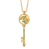 Gold-toned Just Cavalli fashion necklace with a key-shaped pendant featuring a tiger motif and green and clear faceted stones