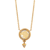 Gold-toned Just Cavalli necklace with a circular pendant featuring a tiger head motif, clear stones, and a conical dangle.