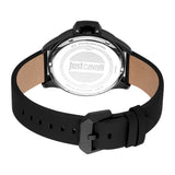 Black watch with a black leather strap, black buckle, and a silver-toned stainless steel case back engraved with 'Justcavalli